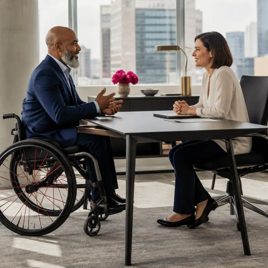 An employee who uses a wheelchair speaking with a colleague in an accessible office