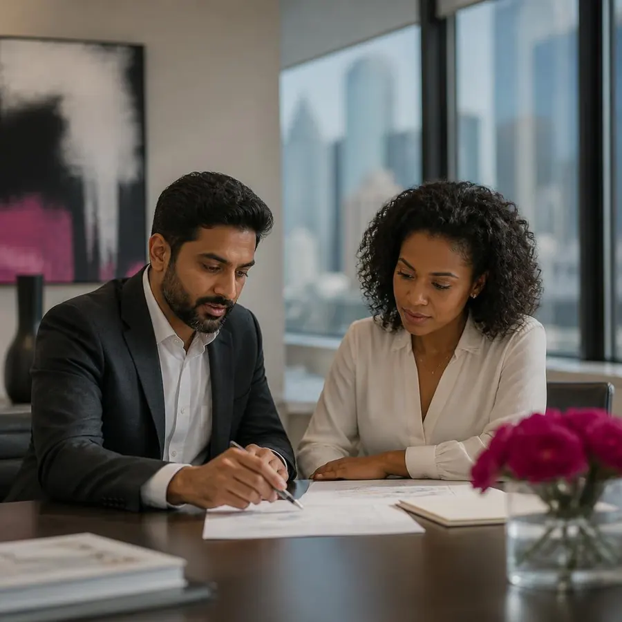 Two coworkers reviewing a project plan together in an office