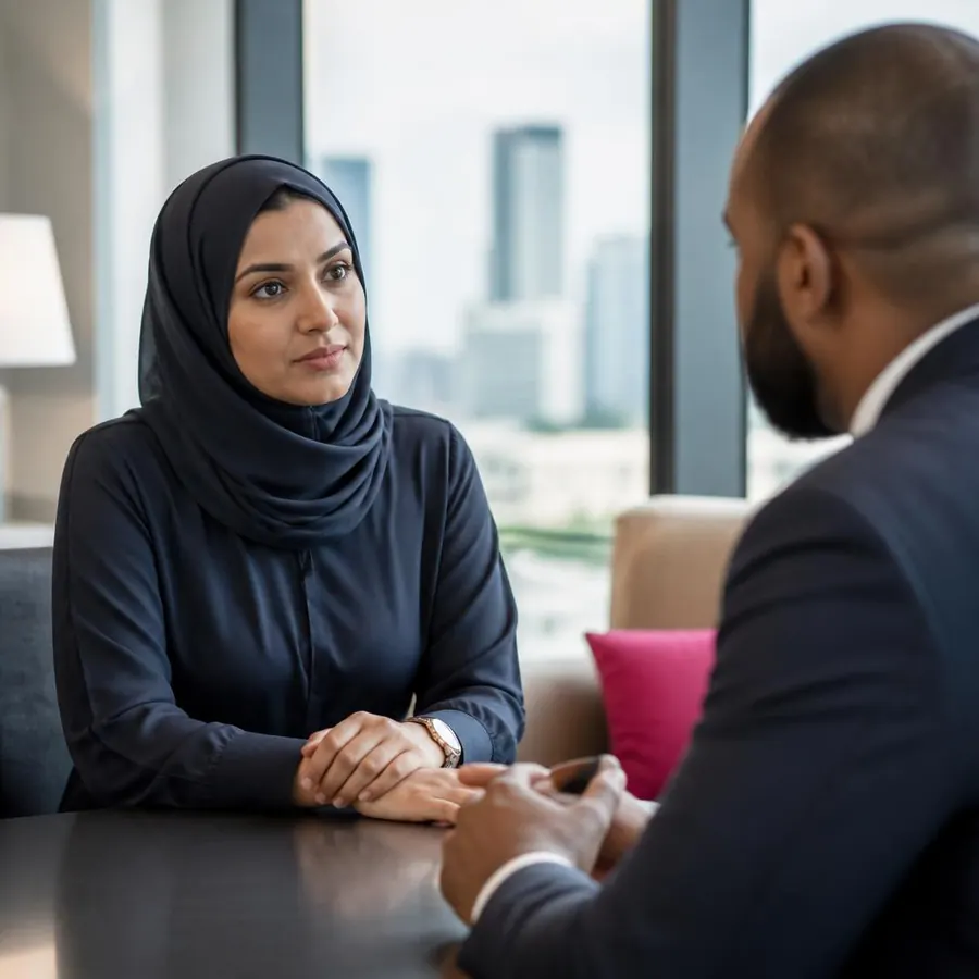 An employee wearing a hijab meeting with a colleague at an office table