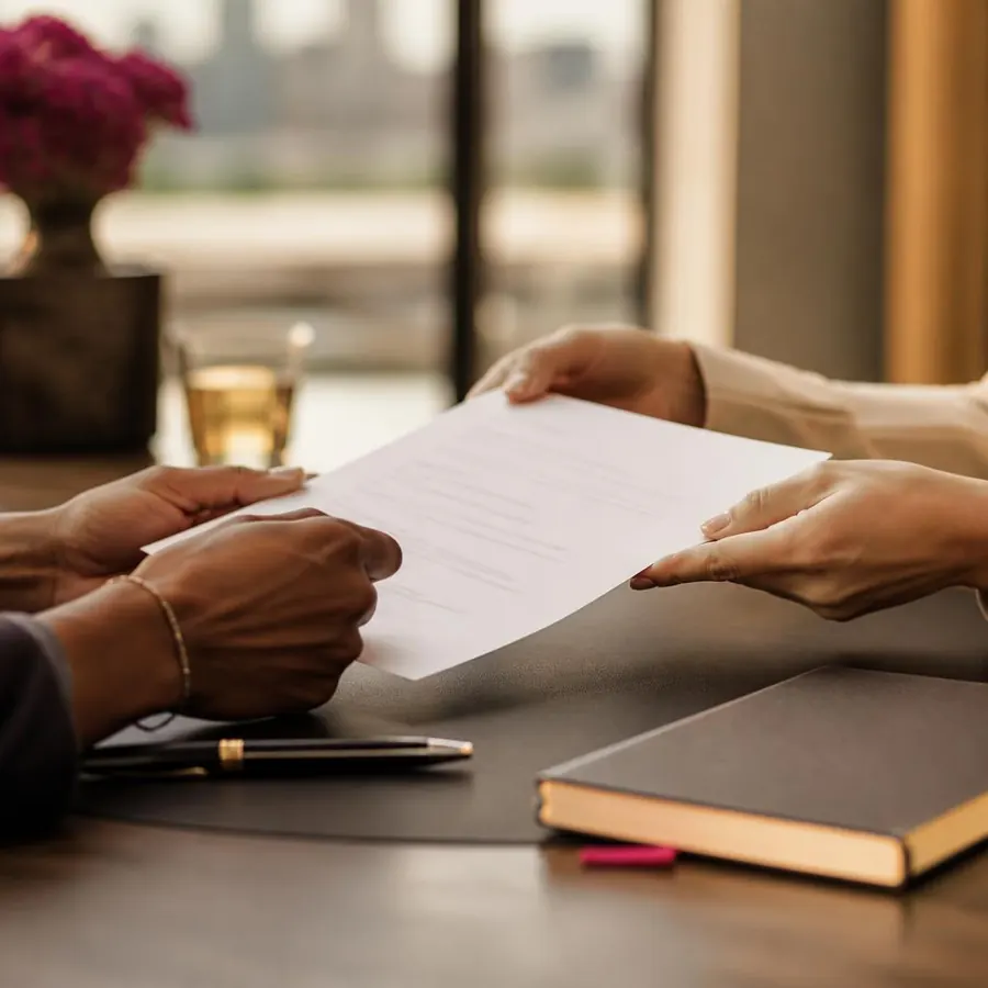 Two people reviewing a document together at an office table
