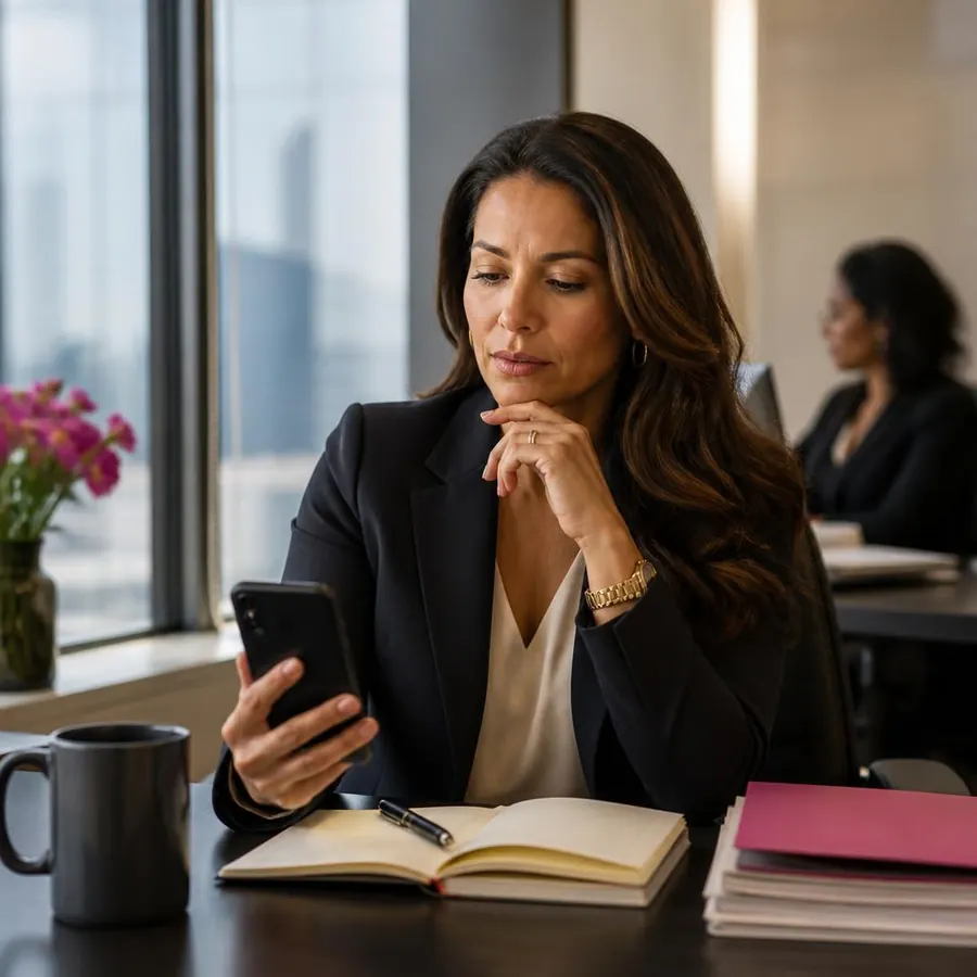 An employee pausing to review a message at her desk