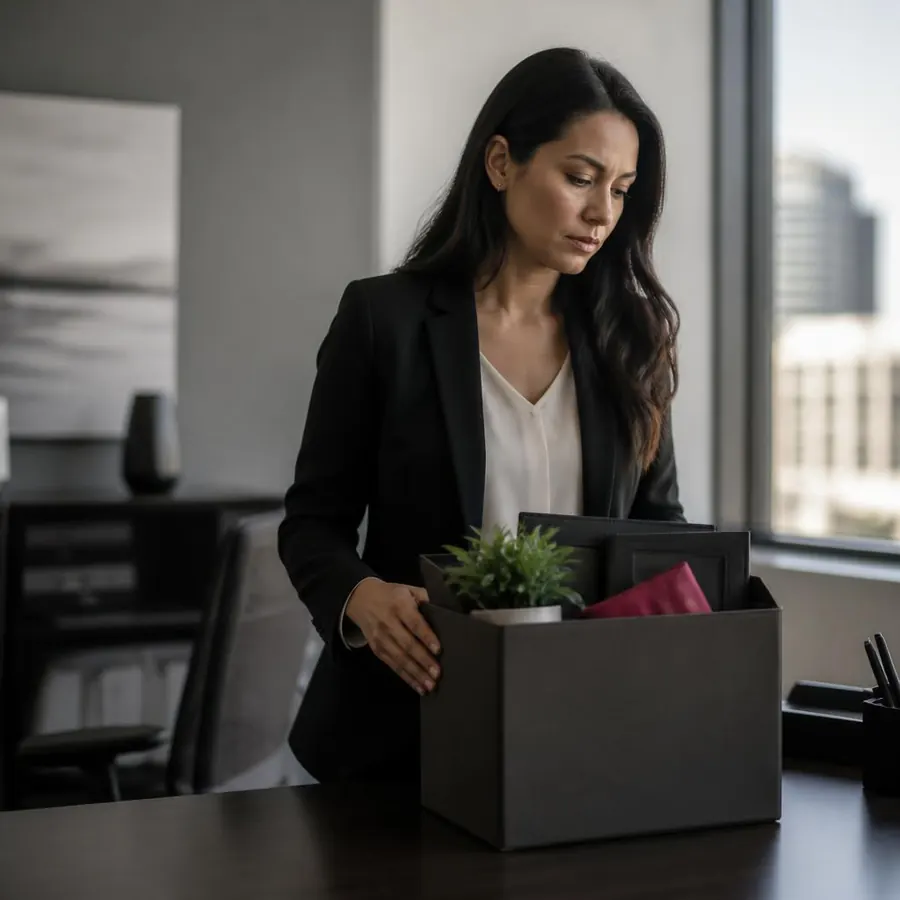 An employee gathering personal belongings in an office after a job separation